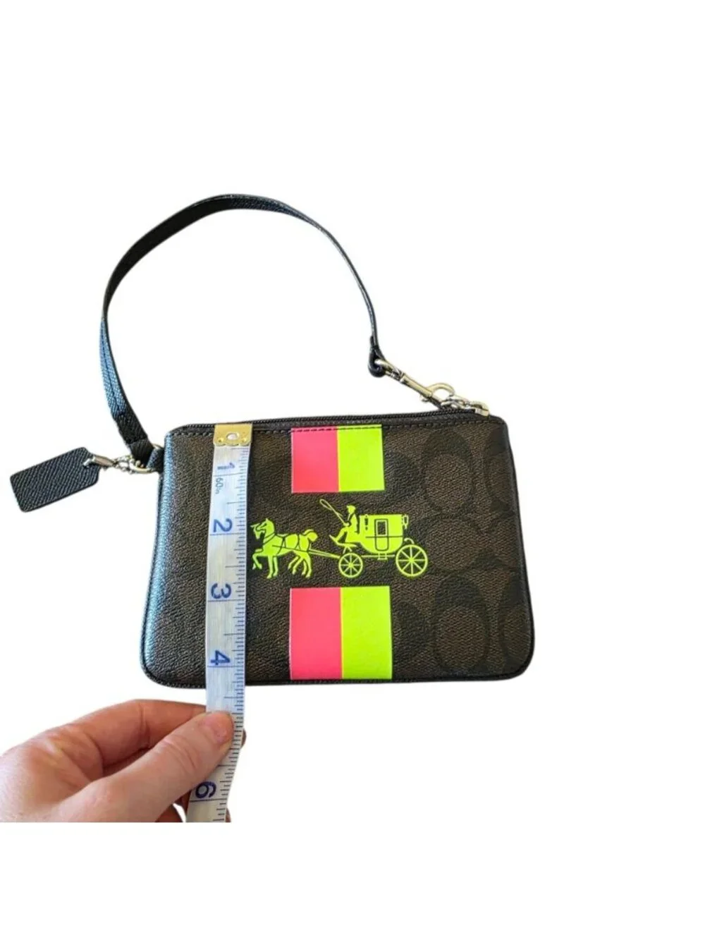Coach Corner Zip Wristlet Signature Coated Canvas Neon Stripe Horse & Carriage